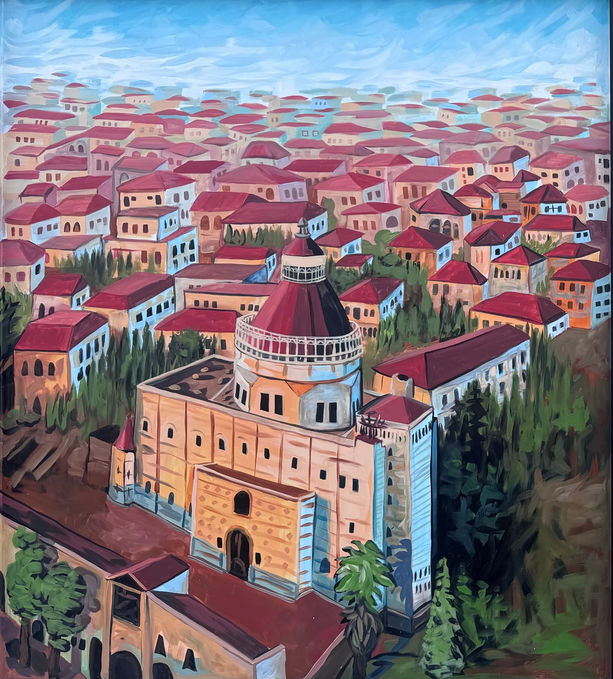 A painting of Nazareth with the Basilica of the Annunciation among terracotta-roofed houses